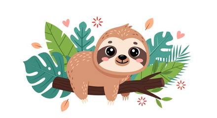 Naklejka premium Cuddly sloth resting on tree branch surrounded by tropical leaves and flowers illustration