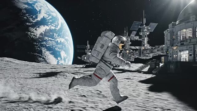 Astronaut runs on the moon while Earth is visible in the background near a lunar base during a bright day