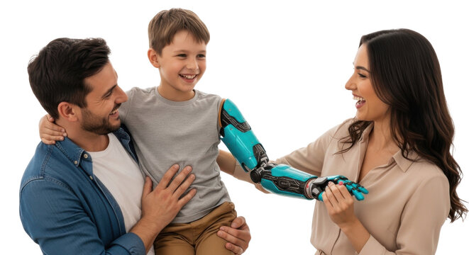A happy family with a child wearing a prosthetic arm on transparent background