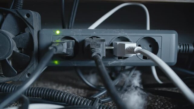 Cables lie in chaos beneath a desk, obscured by dust. As lights flicker on, the tangled mess reveals a vibrant burst of energy and connectivity.