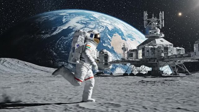 Astronaut walks on the moon surface next to a lunar module with Earth in the background during a space mission