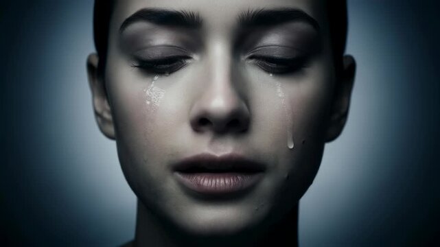 Woman showing escalating tears in close-up sequence. Emotional progression from subtle sadness to overt crying on female face. Dramatic portrait concept for vulnerability and grief expression.