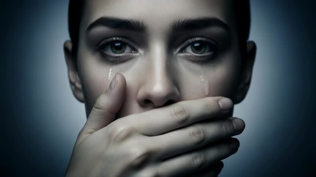Woman in emotional progression from contemplation to tears streaming down face. Close-up sequence capturing vulnerability sadness and inner turmoil. Portrait concept of grief and despair expression