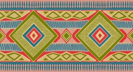 Traditional textile pattern featuring geometric shapes and vibrant colors in a repeating design