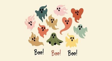 Obraz premium A group of colorful ghost illustrations arranged in a circular pattern with Boo written multiple times around them from a straightforward viewpoint