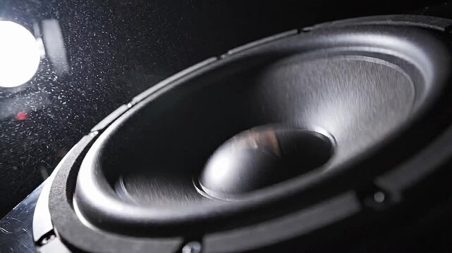 Exploring the power of sound through a close-up of a speaker cone in low light during an audio performance