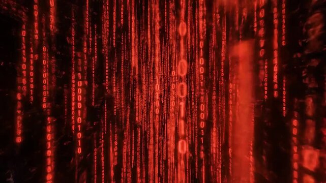 In a dark space, numbers cascade like rain in bright red, creating an enchanting visual experience. Each glowing digit dances and interacts, captivating the viewer's imagination.