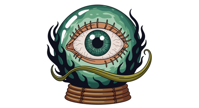 A mystical green eye in a crystal ball on a wooden stand surrounded by swirling black flames and tendrils