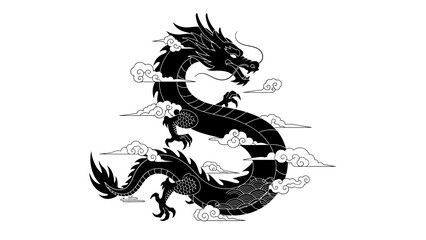 black asian dragon illustration coiling amidst traditional stylized clouds a mythical symbol of strength power and good fortune.
