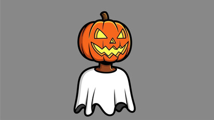 A cartoon jack-o-lantern head wearing a white ghost costume stands against a gray background © Steven