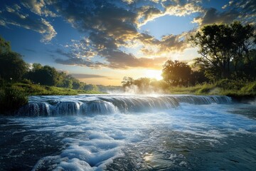 Majestic sunrise over a serene river with flowing water and lush greenery nearby