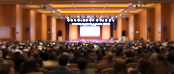 Obraz premium Blurred business people sitting in conference hall at seminar meeting. Defocused background of large auditorium with crowded audience and stage lights for presentation backdrop.