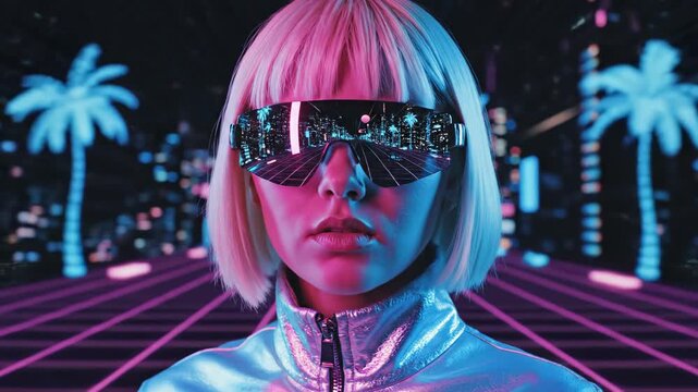 Woman in side profile turning head in neon cyber city. Futuristic synthwave portrait with reflective sunglasses and shiny jacket. Digital cyberpunk aesthetic featuring palm trees and grid lines.