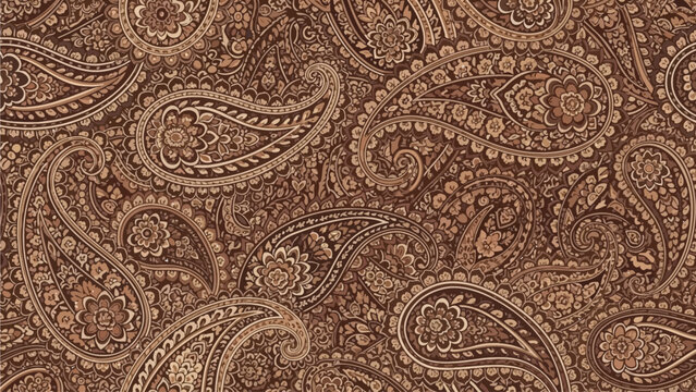 Intricate paisley pattern on brown fabric texture viewed from directly above with detailed design elements