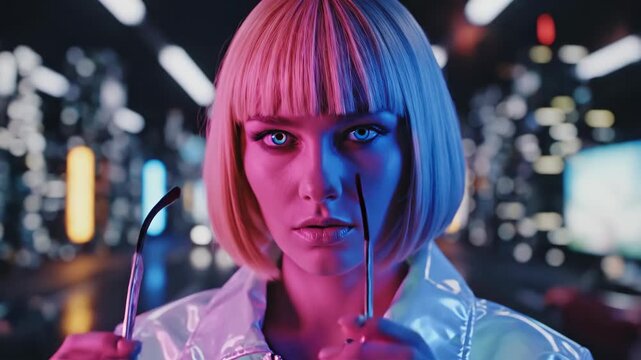 Woman with blue bob hairstyle adjusting reflective sunglasses from side profile to front view. Futuristic cyberpunk style in neon-lit urban night street. High-tech fashion accessory application and