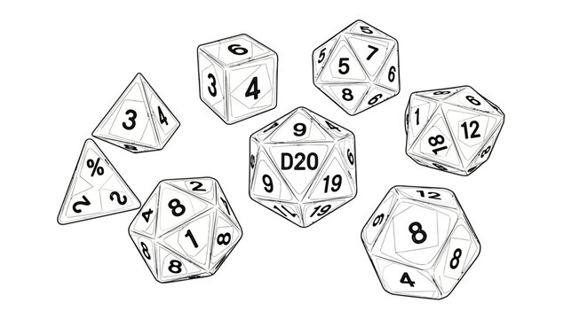 Collection of polyhedral dice arranged in a circular pattern on a plain background from a top-down viewpoint