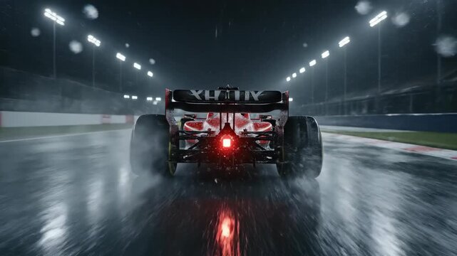 Rear view of race car drifting on wet nighttime track. Tire smoke trails during high-speed turn under illuminated circuit lights. Motorsport action in rainy conditions.