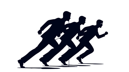 three silhouetted business people racing forward symbolizing competition career advancement and leadership for corporate success.