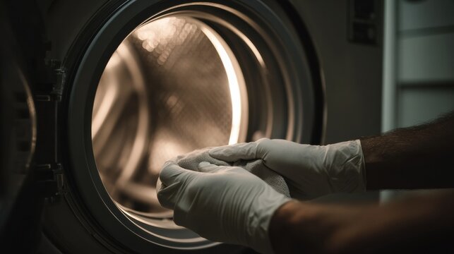 Technician Cleans Washing Machine Filter With Gloves for Maintenance and Care in a Household Environment During Daytime Hours