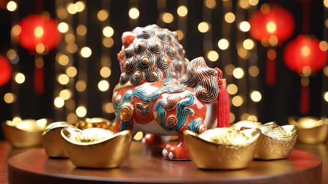 Macro shot of colorful lion statue surrounded by red lanterns and gold ingots on wooden table. Festive chinese new year decoration with intricate patterns and prosperity symbols in three sequential