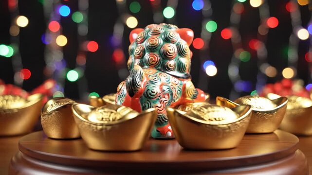 Macro shot of ornate lion statue with gold coins on wooden base. Prosperity symbol in colorful festive lights. Chinese new year decoration for wealth and good fortune.