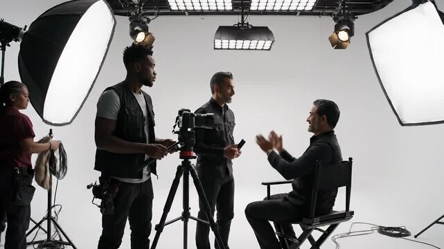 Film crew setting up lights and camera for a professional video shoot in a studio