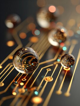 View of a Quantum Computing Processor With Gold Circuits and Floating Light Particles Displaying Future Technology Concepts