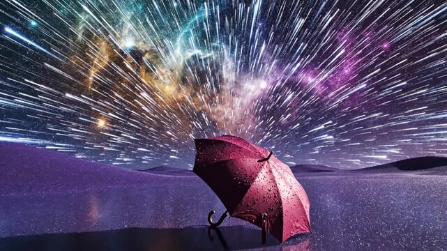 Isolated Red Umbrella Standing in a Colorful Digital Rain or Particle Storm on an Abstract Background, Protection Concept.