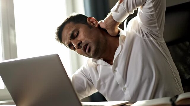 Man rubbing neck in pain while working on laptop. Asian male experiencing discomfort from prolonged computer use. Office ergonomics and health issue concept in modern workspace.