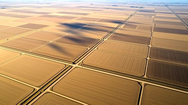 Aerial View of Agricultural Fields at Sunset.