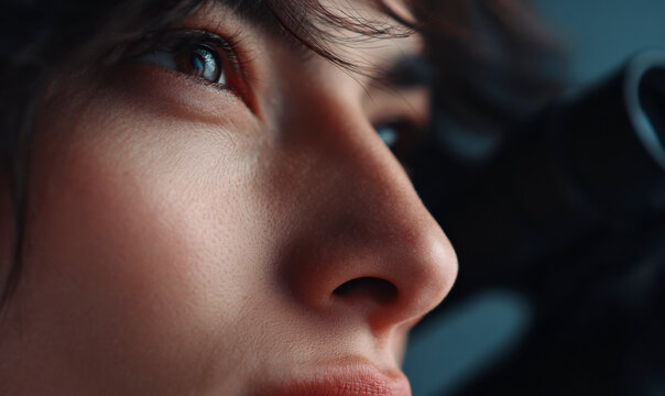 Intense Gaze: Focused Woman Look Through Optical Device With Dark Hair