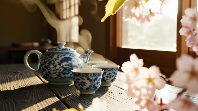 Traditional ceramic teapot brewing steaming tea on wooden table. Cherry blossoms visible through window in soft sunlight. Serene spring tea preparation and serving sequence for relaxation and