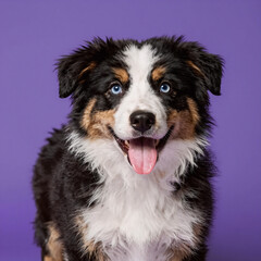 Fototapeta premium Vibrant purple background with an adorable Australian Shepherd puppy having a joyful expression and tongue out, sporting fluffy black, white, and tan fur