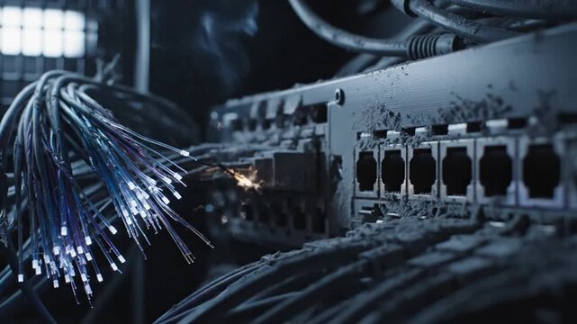 Network equipment with fiber optic cables connected to a switch.