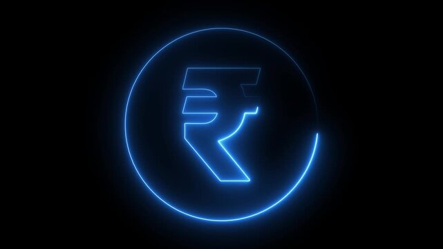 Indian Rupee Currency Icon Sparkling Shining on black background. Glowing Neon rupee currency Icon animation. neon Indian rupee symbol animation on black background for finance