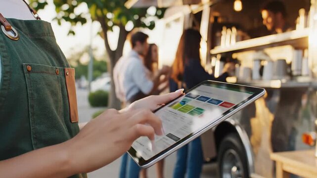 Food truck owner using tablet for orders and payments outdoors at sunset