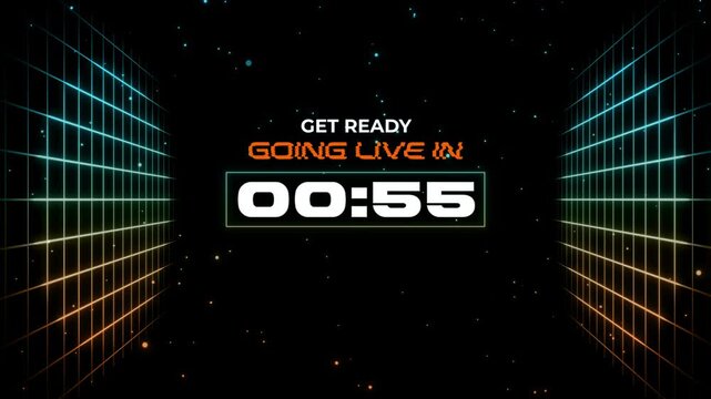 Retro 80s Synthwave Going Live Countdown Overlay with Neon Grids