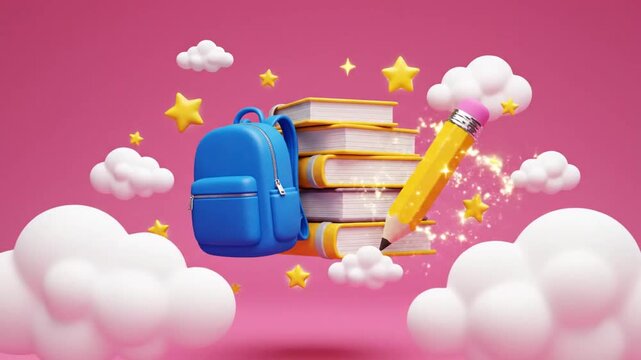 Magical Back to School 3D Animation with Backpack Books and Pencil.