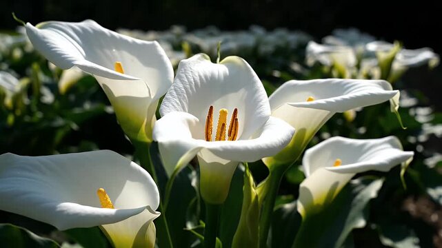A close-up view of pristine white calla lilies in vibrant bloom
