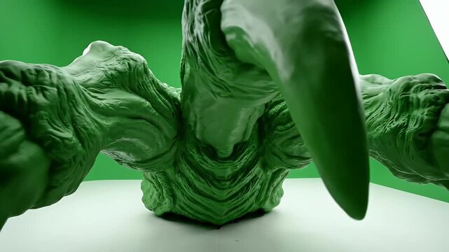 Close-up of a textured green creature with sharp claws on a white surface