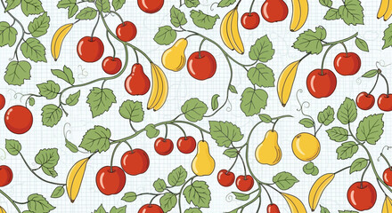 Obraz premium Seamless pattern with fresh red cherries, yellow pears, and bananas on green leafy vines, creating a vibrant botanical design on a grid background.