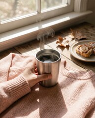 Cozy morning with hot coffee by the window, autumn lifestyle