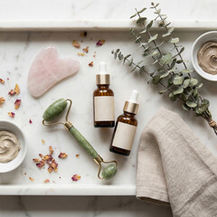Clean beauty skincare flat lay with serum bottles and jade roller