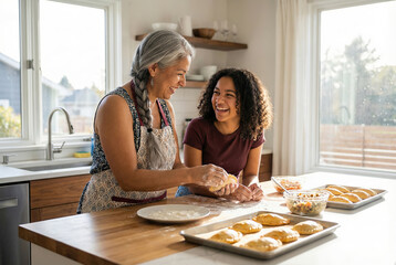 Two women baking pastries together in bright home kitchen