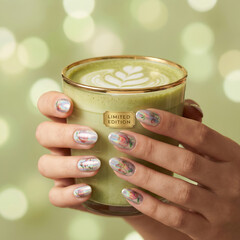 Hands holding matcha latte with manicure, beauty and drink concept