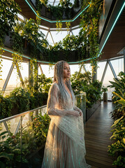 Woman in futuristic greenhouse interior with biophilic design