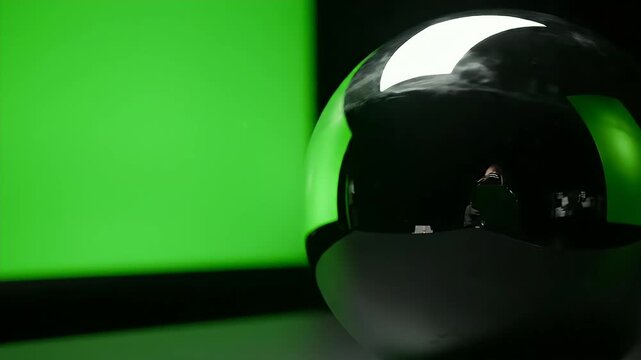 A chrome sphere reflects a green screen and a shadowy figure in a dark room