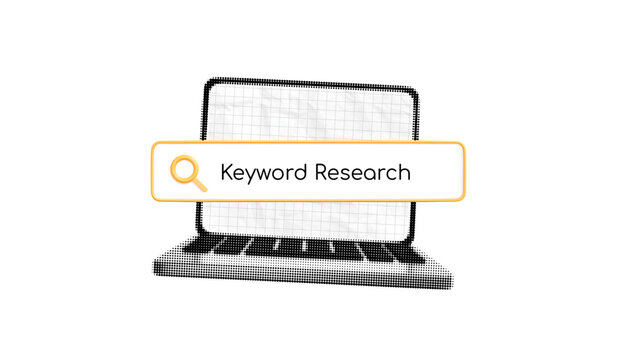 Halftone Computer Laptop with Keyword Research. SEO marketing and adverting. Golden search bar with text. Online discovery