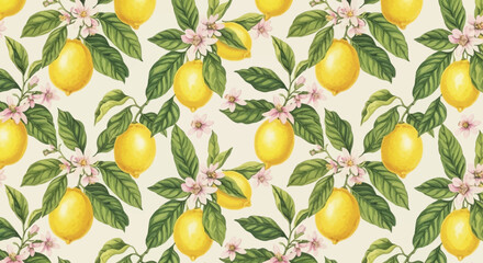 Seamless pattern with fresh ripe lemons, green leaves, and delicate white blossoms on branches, vibrant citrus design on a light yellow background.
