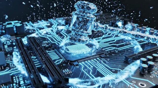 Futuristic glowing processor activating on circuit board. Energy burst sequence illuminating tech components. Digital computing power and innovation concept.